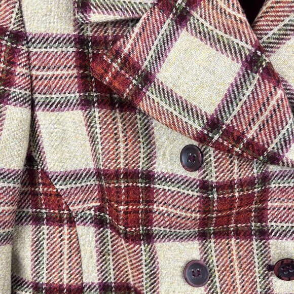 Laura Ashley 100% Wool Burgundy Tan Plaid Double Breasted Blazer Size 8 Preppy - Picture 5 of 9
